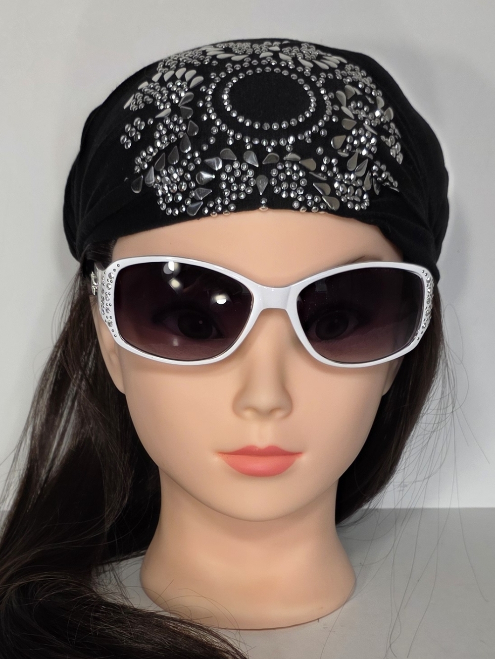 Black Silver Rhinestone Embellished Head Scarf / Wrap Edgy Mandala Glam Women's